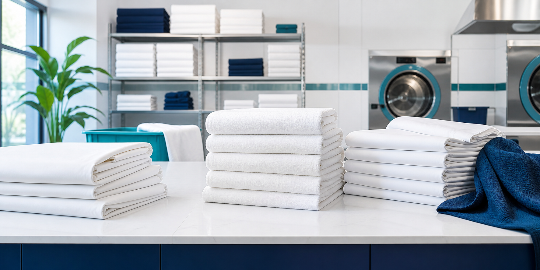 Premium commercial laundry image showing linen quality, folded textiles and hospitality styling