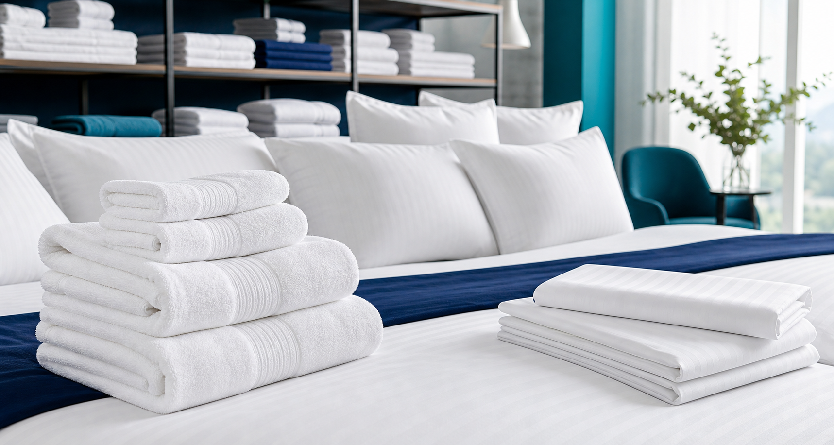 Premium photograph of hotel-ready linen including sheets, towels and pillows